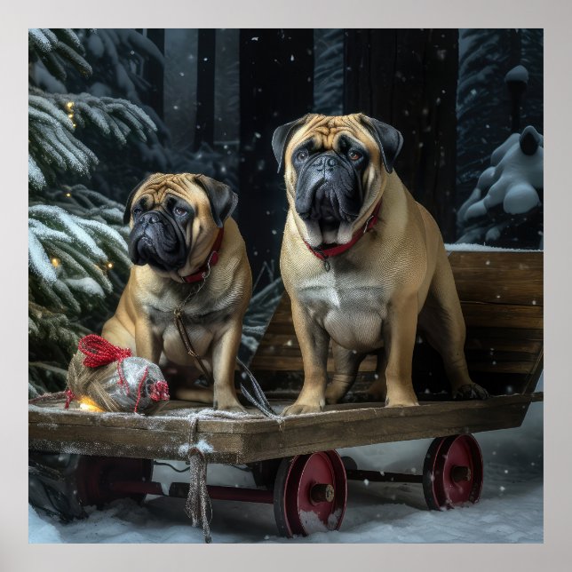 Affiche Décor de Noël Bullmastiff Snowy Sleigh (Devant)
