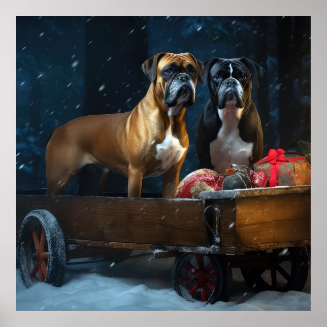 Affiche Décor de Noël Chariot de Boxer Snowy (Devant)