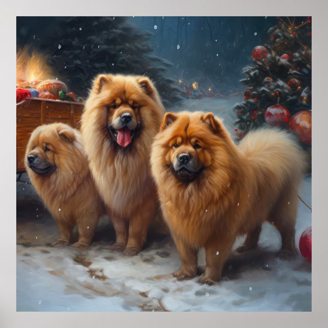 Affiche Décor de Noël Chow Chow Snowy Sleigh (Devant)