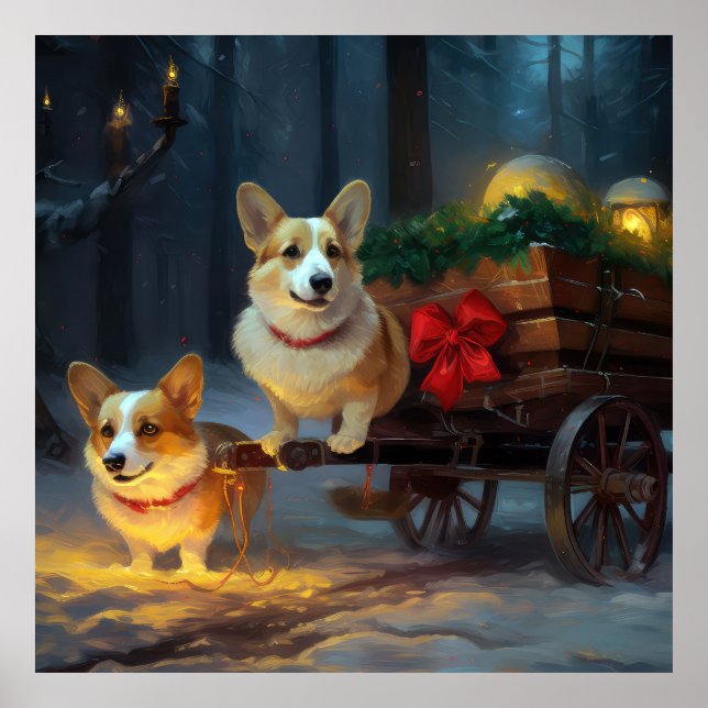 Affiche Décor de Noël Corgi Snowy Sleigh (Devant)