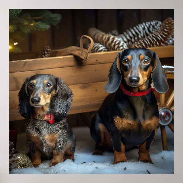 Affiche Décor de Noël Dachshund Snowy Sleigh (Devant)