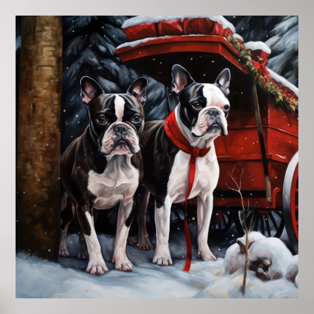 Affiche Décor de Noël de Boston Terrier Snowy Sleigh (Devant)