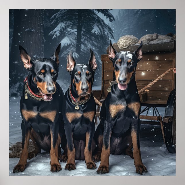 Affiche Décor de Noël Doberman Snowy Sleigh (Devant)