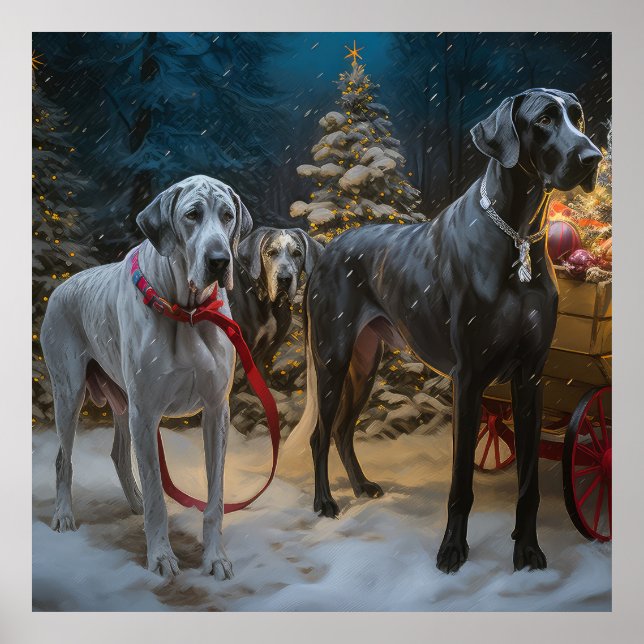 Affiche Décor de Noël du grand Dane Snowy Sleigh (Devant)