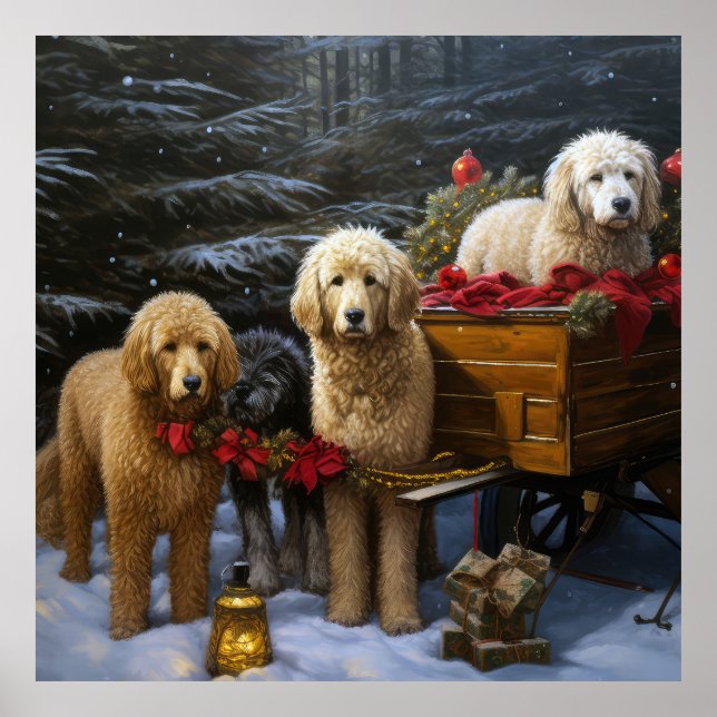 Affiche Décor de Noël Goldendoodle Snowy Sleigh (Devant)