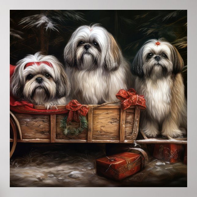 Affiche Décor de Noël Lhasa Apso Snowy Sleigh (Devant)