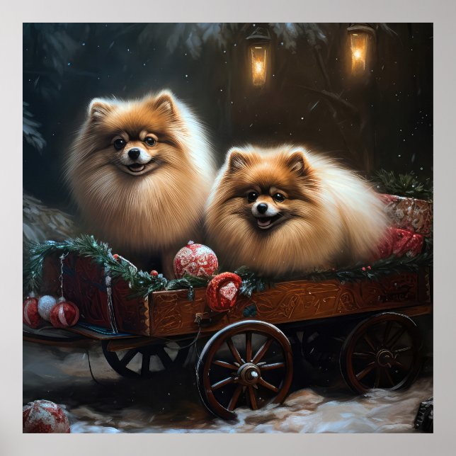 Affiche Décor de Noël Poméranien Snowy Sleigh (Devant)
