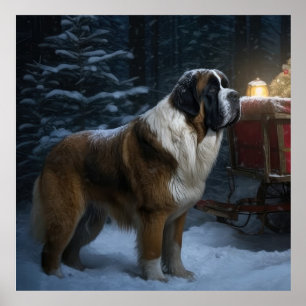Affiche Décor de Noël Saint Bernard Snowy Sleigh