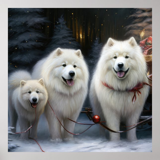 Affiche Décor de Noël Samoyed Snowy Sleigh (Devant)