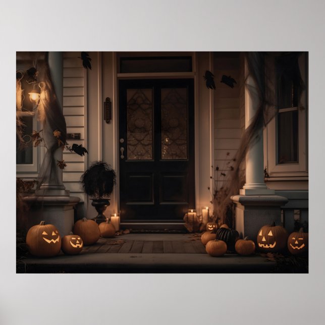 Affiche Décor de porche d'Halloween éffrayant avec Jack-o- (Devant)