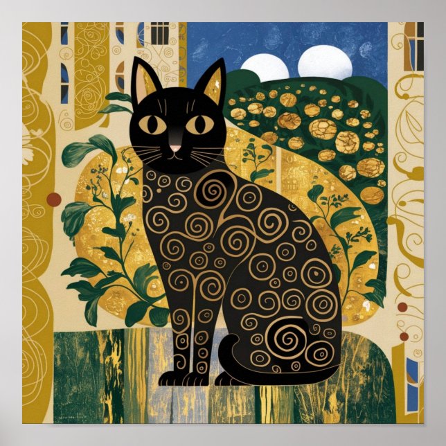 Affiche Décor doré Gustav Klimt Style Chat Noir Art (Devant)