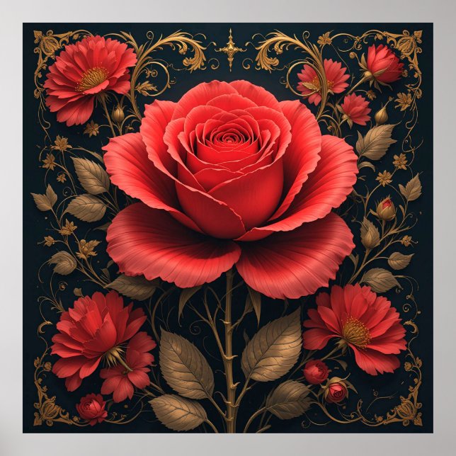 Affiche 🌹 Décor Floral Rouge Gras pour Espaces Romantique (Devant)