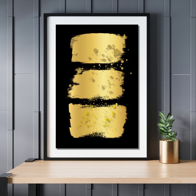 Affiche Décor or Or moderne Brush noir Art Abstrait (Modern Minimalist Gold And Black Paint Brush Stroke Gold Spatter Abstract Wall Art Poster Print)