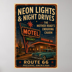 Affiche Décor Route 66 Neon Motel Night Drive Americana