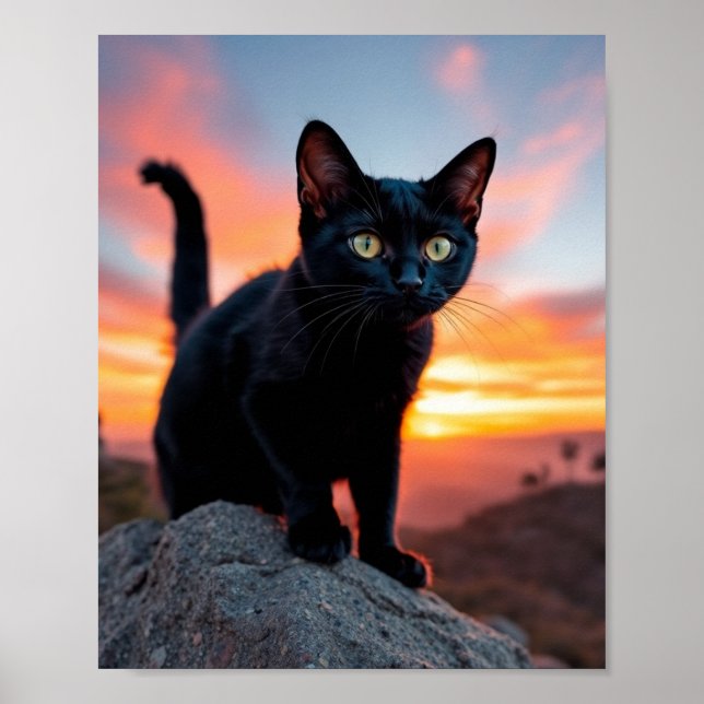 Affiche Découpure de chat noir au coucher du soleil sur to (Devant)