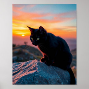 Affiche Découpure de chat noir au coucher du soleil sur to
