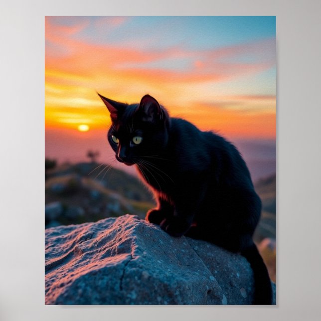 Affiche Découpure de chat noir au coucher du soleil sur to (Devant)