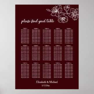 Affiche Deep Burgundy White Floral | Wedding Seating Chart