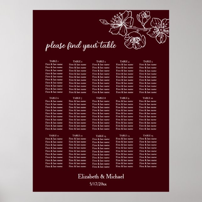 Affiche Deep Burgundy White Floral | Wedding Seating Chart (Devant)