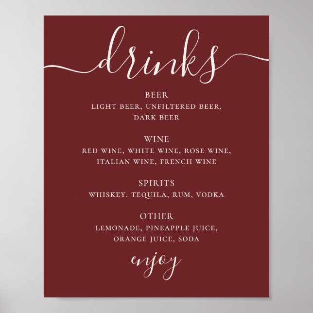 Affiche Deep Wine Red Wedding Drinks Menu. Modern Bar Sign (Devant)