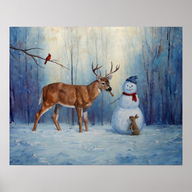 Affiche Deer et Happy Snowman hiver de vacances scène (Devant)