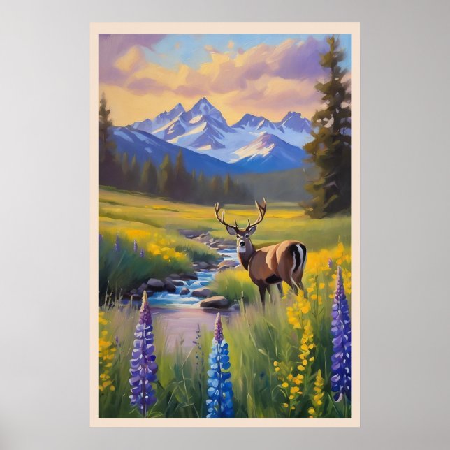 Affiche Deer Rocky Mountain Meadow Peinture Fleur sauvage (Devant)