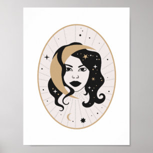 Affiche Déesse Céleste Lune Visage Magie Étoiles Art Mysti