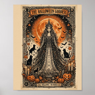 Affiche Déesse d'Halloween Sorcière Gothique Vintage Chat 