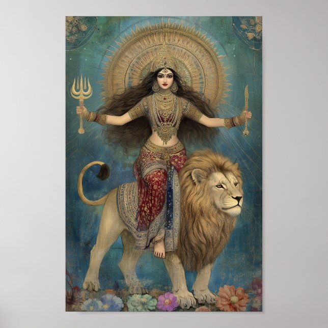 Affiche Déesse Durga équitation Lion Turquoise Gold Art (Devant)