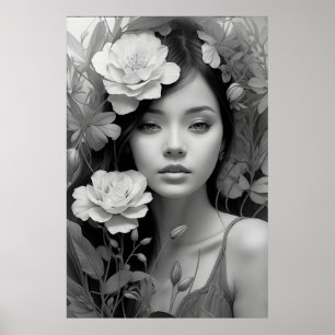 Affiche Déesse florale en noir et blanc