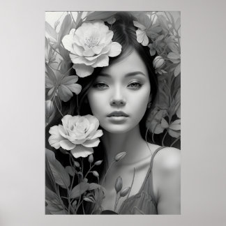 Affiche Déesse florale en noir et blanc
