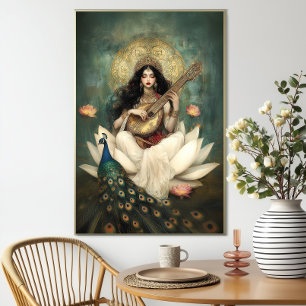 Affiche Déesse hindoue Saraswati : Veena de paon Lotus