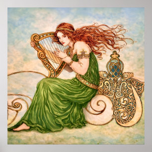 Affiche Déesse irlandaise jouant de la harpe – Art nouveau