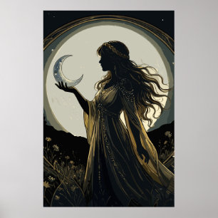 Affiche Déesse Lunaire Mystique, Silhouette de Femme Céles