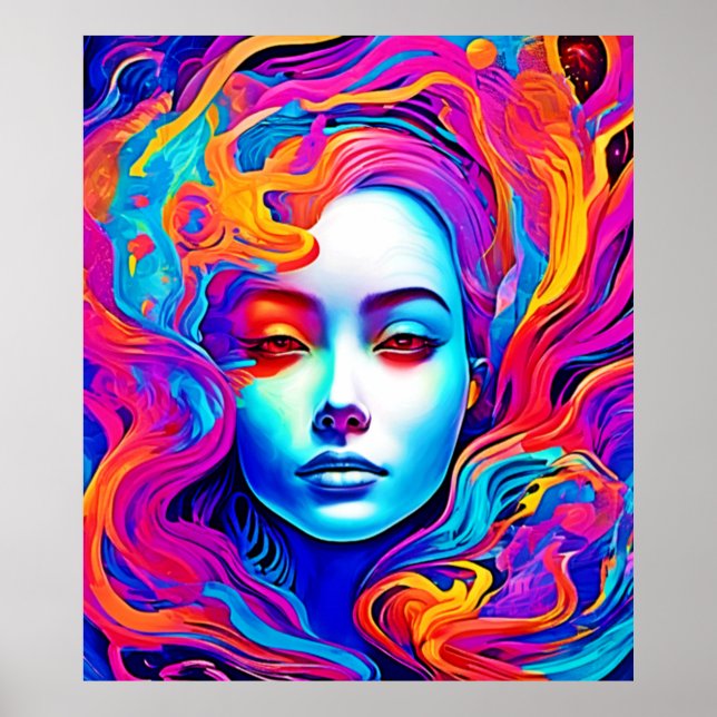 Affiche Déesse néon avec cheveux cosmiques flottants (Devant)
