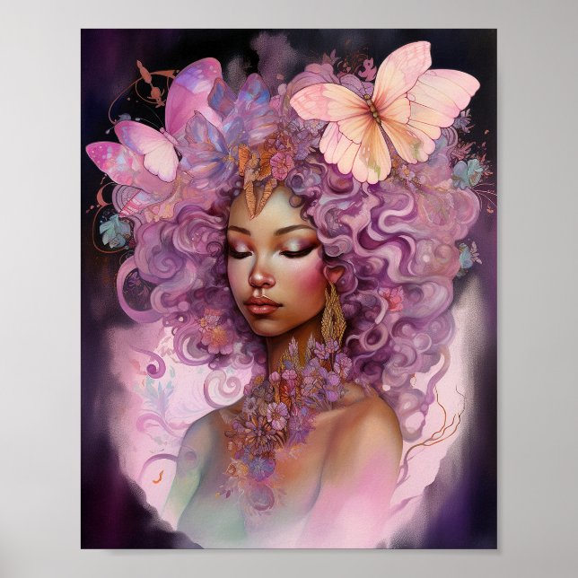 Affiche Déesse noire Art Imaginaire rose violet (Devant)