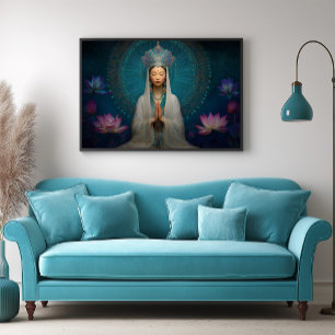 Affiche Déesse Quan Yin Bleu Abstrait géométrique Floral