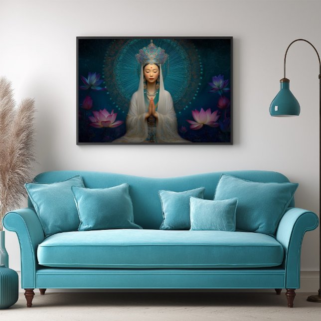 Affiche Déesse Quan Yin Bleu Abstrait géométrique Floral (Créateur téléchargé)