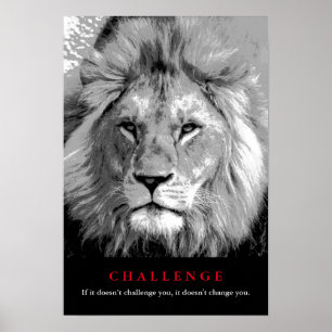 Affiche Défi de motivation du lion noir et blanc