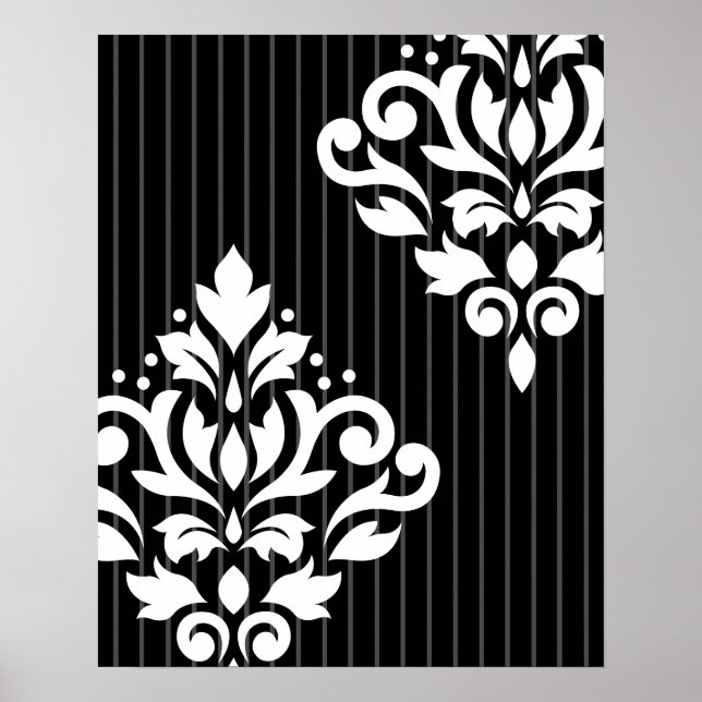 Affiche Défiler Damask Art I Blanc sur Gris Stripes & Noir (Devant)