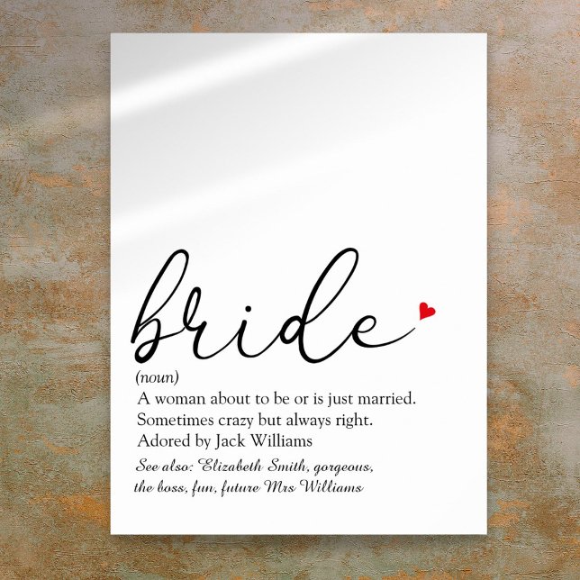 Affiche Définition de la mariée par écrit Signe de douche  (Script Bride Definition Bridal Shower Sign)