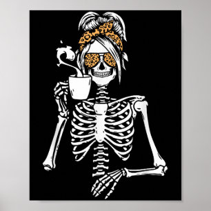 Affiche Déguisement d'Halloween de squelette buvant du caf