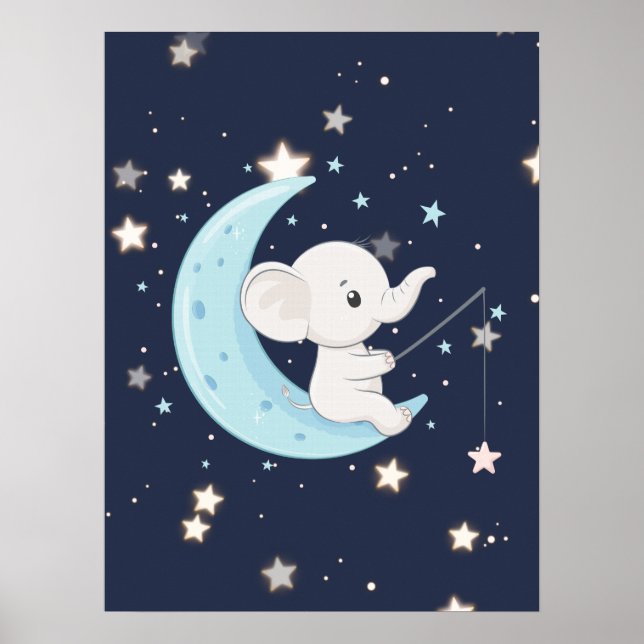 Affiche d'éléphant bébé pêchant des étoiles (Devant)