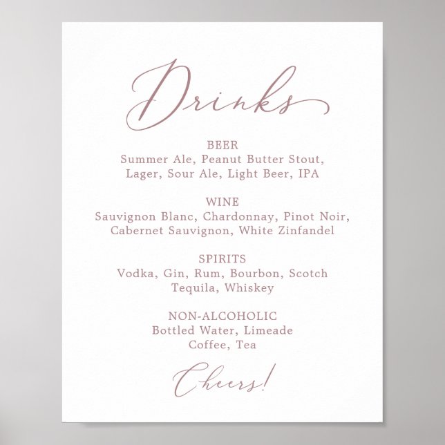 Affiche Délicat Rose Gold Mariage Boire Menu Signer (Devant)