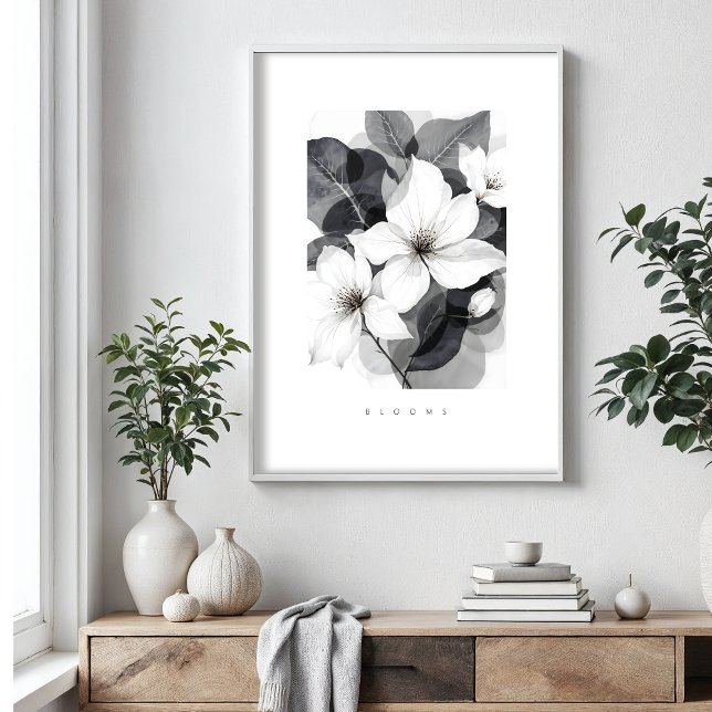 Affiche Delicate Black White Overlapping Leaves & Flowers (Delicate Black & White Illustration of Overlapping Leaves and Flowers Posters.)