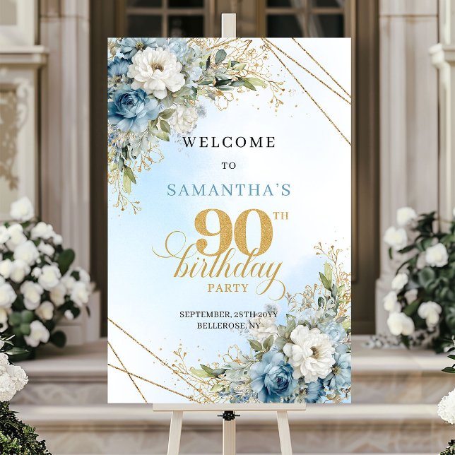Affiche Delicate boho blue florals gold frame 90 birthday (Delicate boho blue florals gold frame 90th birthday

)