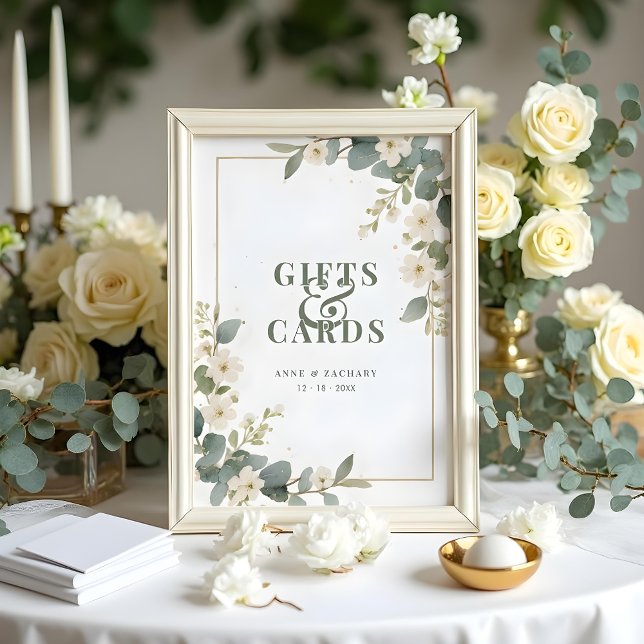 Affiche Delicate Floral & Eucalyptus Wedding  Gift & Cards (Delicate Flowers and Eucalyptus Wedding Frame Table Gift Sign and Cards.)