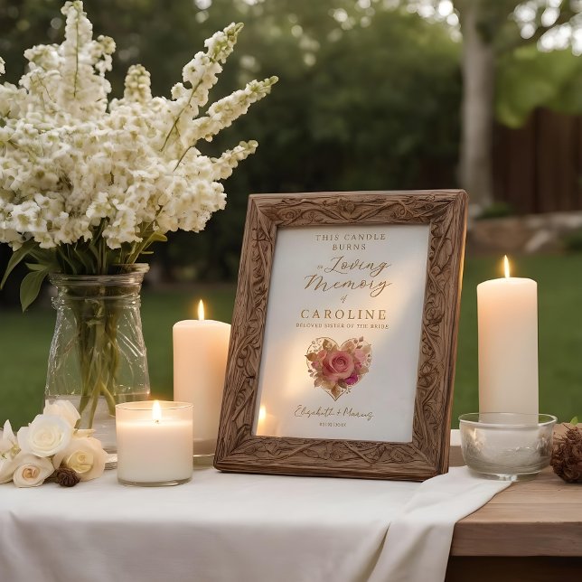 Affiche Delicate Floral Heart Wedding Memorial Table (Delicate Romantic Floral Heart Memorial Poster in Pink Tones with This Candle Burns in Loving Memory)