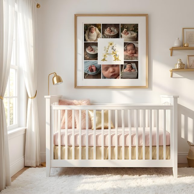 Affiche Delicate Floral Initial A 8-Photos Collage Newborn (Delicate Floral Initial A Monogram 8-Photos Collage Newborn Session Poster Design. )