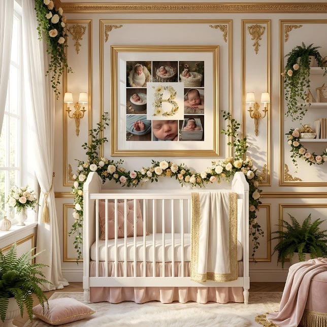 Affiche Delicate Floral Initial B 8-Photos Collage Newborn (Delicate Floral Initial B Monogram 8-Photos Collage Newborn Session Poster Design. )